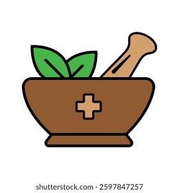 Mortar Bowl and Pestle with Herbs Illustration