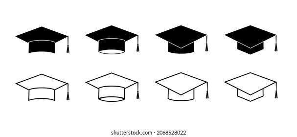 Mortar cap, graduate hat, vector icons set. Student university grad, academy graduation head board