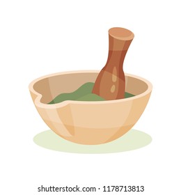 Mortar with green medical mixture and wooden pestle. Item used in pharmacy. Healthcare and alternative Flat vector icon