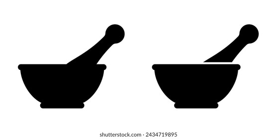 Mortar to grind herbs. Kitchenware icon. Mortars and pestle. Mixing herbal medicine icon. Pharmacy logo. Mortar and pusher for herb grinding. Medicine bowl. Healthy food, meal concept.