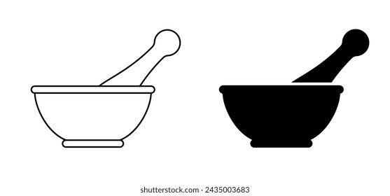 Mortar to grind herbs. Kitchenware icon. Mortars and pestle. Mixing herbal medicine icon. Pharmacy logo. Mortar and pusher for herb grinding. Medicine bowl. Healthy food, meal concept.