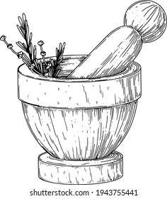 A mortar for grinding dry plants. Ink graphics.