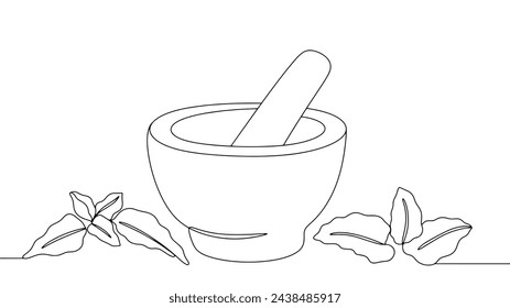 Mortar for grinding medicinal herbs. The process of preparing homeopathic medicines. World Homeopathy Day. Simple line illustration for different uses.