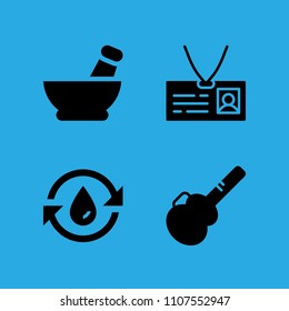 mortar, guitar protector, id card and water icons vector in sample icon set for web and graphic design