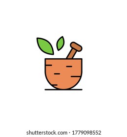 mortar for herbal icon. concept of alternative medicine, energy flower, tibetan beauty procedure. kitchenware, spices and seasonings logo. minimal linear design. color simple sign on white background