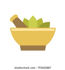 Mortar with herbs isolated on white background, vector illustration