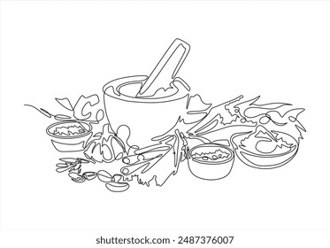 mortar with herbs on white background. continuous line draw design graphic vector illustration