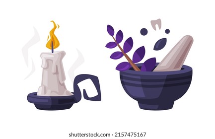 Mortar with herbs, pestle and burning candle, witchcraft attributes cartoon vector illustration