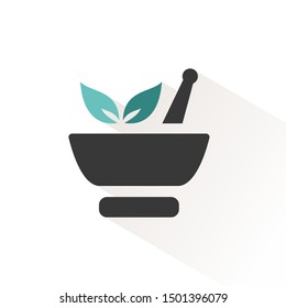 Mortar with leaves. Flat icon with beige shade. Pharmacy vector illustration