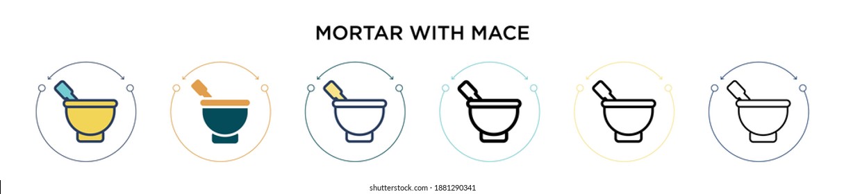 Mortar with mace icon in filled, thin line, outline and stroke style. Vector illustration of two colored and black mortar with mace vector icons designs can be used for mobile, ui, web
