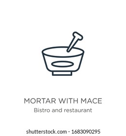 Mortar mit Magensymbol. Dünne lineare Mörtel mit Moskitonetz-Symbol einzeln auf weißem Hintergrund aus Bistro- und Restaurantkollektion. Vektorillustration der Linie, Symbol für Web und Mobilfunk
