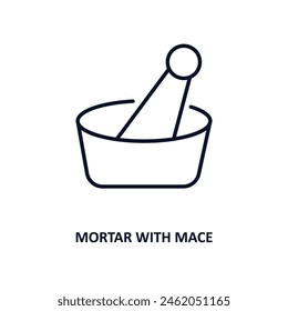 mortero con icono de contorno de maza.  Icono de línea delgada de la colección de bistro y restaurante. Vector editable aislado sobre fondo blanco