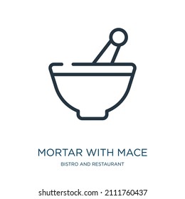 mortar with mace thin line icon. 10, cannon linear icons from bistro and restaurant concept isolated outline sign. Vector illustration symbol element for web design and apps.