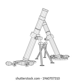 Armas de fuego de mortero y del ejército de minas. Ilustración vectorial de malla baja de malla de alambre