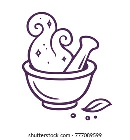 Mortar and pestle in alchemy or witchcraft. Making potion by grinding ingredients, sparkly magic smoke rising. Vector illustration.