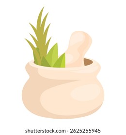Almofariz e pilão estão sendo usados para esmagar ervas frescas para um remédio natural