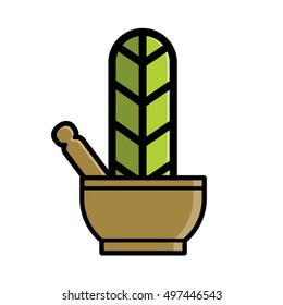 mortar & pestle with big graphic leaf in color-vector drawing