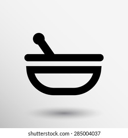 Mortar and pestle with blue tablets icon.