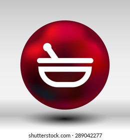 Mortar and pestle with blue tablets icon.