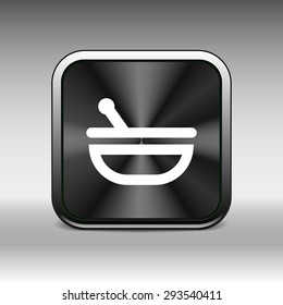 Mortar and pestle with blue tablets icon.