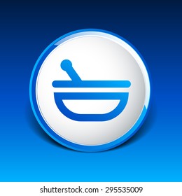 Mortar and pestle with blue tablets icon.
