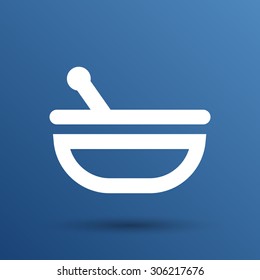 Mortar and pestle with blue tablets icon.