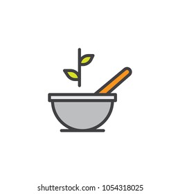 Mortar and pestle, Bowl and grinder leaf filled outline icon, line vector sign, linear colorful pictogram isolated on white. Herbal Pharmacy symbol, logo illustration