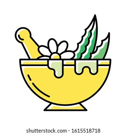 Mortar with pestle color icon. Graining leaves for liquid. Aloe vera sprouts. Plants in bowl. Medicinal herbs and flowers. Organic fresh mix. Cosmetics and dermatology. Isolated vector illustration