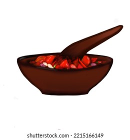 mortar and pestle, containing chilies, tomatoes