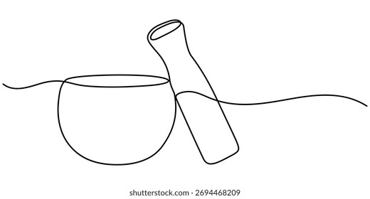 Mortero y Pestle diseño minimalista de dibujo de una línea continua, ilustración simple de la Ilustración vectorial de arte de contorno de mortero tradicional.