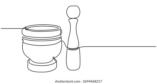 Mortero y Pestle diseño minimalista de dibujo de una línea continua, ilustración simple de la Ilustración vectorial de arte de contorno de mortero tradicional.