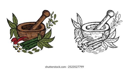 Mortar and pestle cooking and vegetable material vector art and illustration with vintage style. Editable