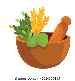 Argamassa e almofariz esmagando ervas, ilustrando o conceito de remédios à base de plantas e práticas de medicina tradicional