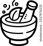 Mortar and pestle doodle vector icon and illustration