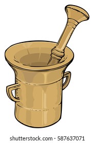 Mortar and pestle, drawn engraving, gold brass
