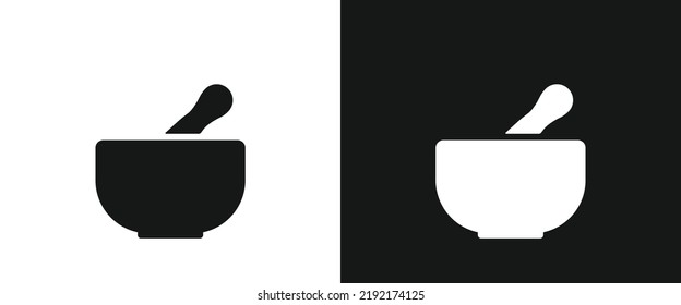 Mortar and pestle flat icon for web. Mortar and pestle sign web icon silhouette with invert color. Mortar and pestle solid black icon vector design. Mortar with pestle cartoon clipart. Kitchen concept