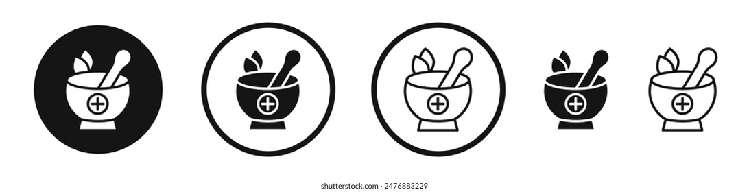 Mortar pestle flat liner icon set.
