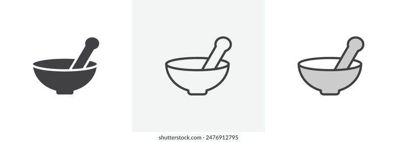 Mortar pestle flat thin line icon collection.