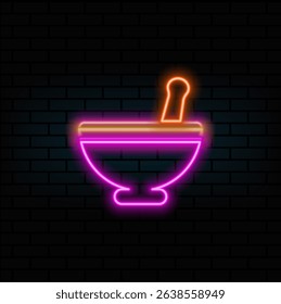 Mortar and pestle glyph icon. bowl. neon style.drop shadow naturopathy silhouette symbol. herbal alternative medicine. negative space. isolated illustration.