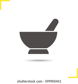 Mortar and pestle glyph icon. Drop shadow naturopathy silhouette symbol. Alternative herbal medicine. Negative space. Vector isolated illustration