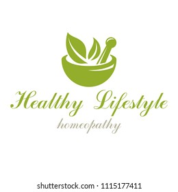 Mortar and pestle graphic vector symbol composed with green leaves. Homeopathy creative logo for use in medicine, rehabilitation or pharmacology.
