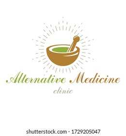 Mortar and pestle graphic vector symbol composed with green leaves. Homeopathy creative logo for use in medicine, rehabilitation or pharmacology.