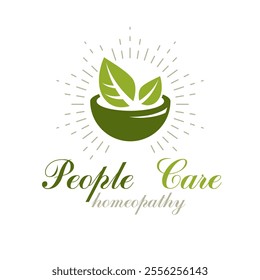 Mortar and pestle graphic vector symbol composed with green leaves. Homeopathy creative logo for use in medicine, rehabilitation or pharmacology.