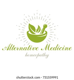 Mortar And Pestle Graphic Vector Symbol Composed With Green Leaves. Homeopathy Creative Logo For Use In Medicine, Rehabilitation Or Pharmacology.