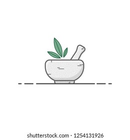 Mortar with pestle with gray stone texture and three green leaves in line style. Tool for cooking sauces and crushing spices. Medical device. Line style vector.