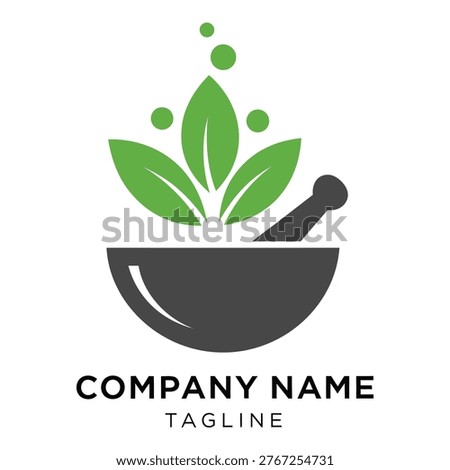 Mortar and pestle with green leaves and bubbles logo design icon