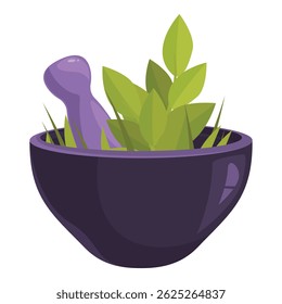 Mortar and pestle are grinding fresh herbs for a natural remedy