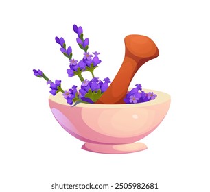 Mortero y mortero de molienda de flores de lavanda frescas, preparación de cosméticos herbales, aceite, extracto de medicina y preparación de remedios orgánicos naturales. Concepto de Vector aislado de Provenza, curación alternativa