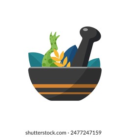 Mortar and pestle for grinding ingredients for witchs potion vector illustration