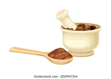 Mortar and Pestle with Ground Seeds of Theobroma Cacao as Aromatic Chocolate Ingredient Vector Illustration